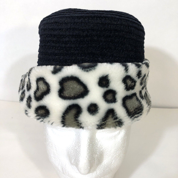 Black Cloche Hat with Faux Fur Brim One Size Velvet Sewn Vintage Gray White - Picture 5 of 9